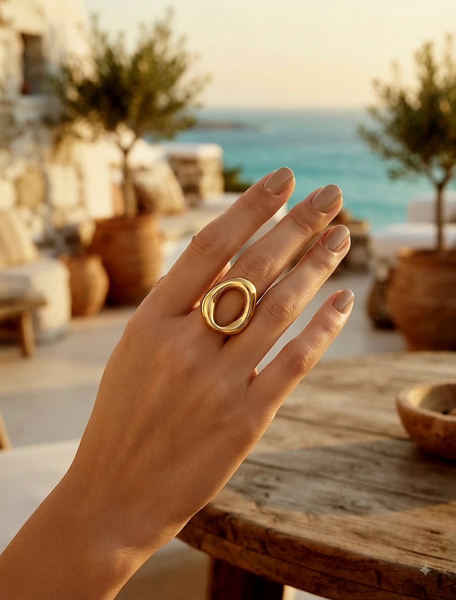 Model wearing the Oria statement gold ring by SO LUXE!
