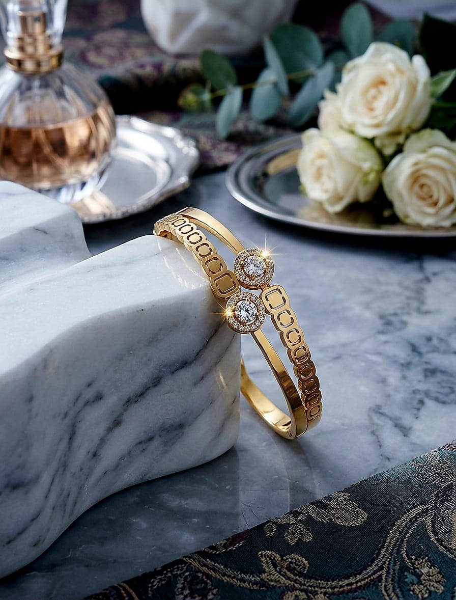 Gold crystal-set SO LUXE bangles styled on marble with white roses
